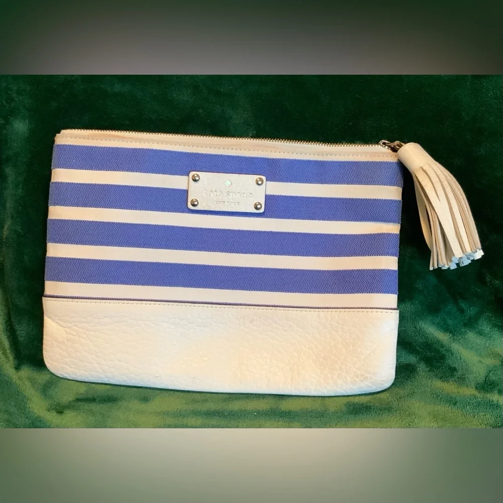 Kate Spade Cream & Blue Striped Fabric Clutch
